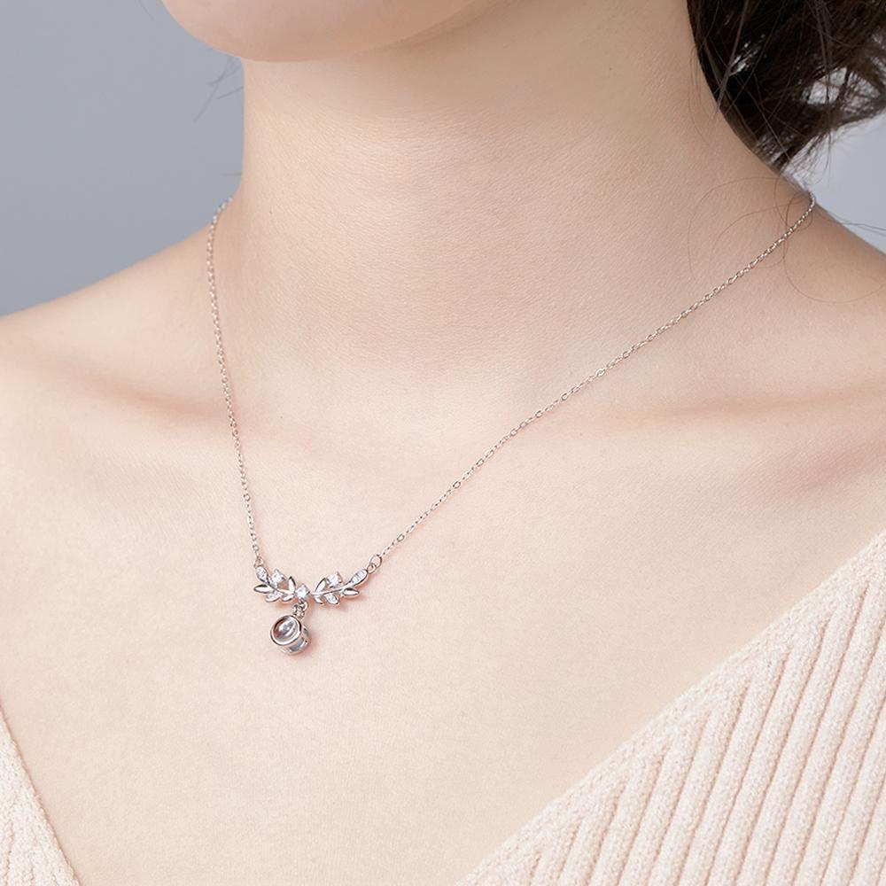 Laurel Leaf Projection Necklace Personalized Picture Inside Pendant Sterling Silver Keepsake Jewelry - soufeelus