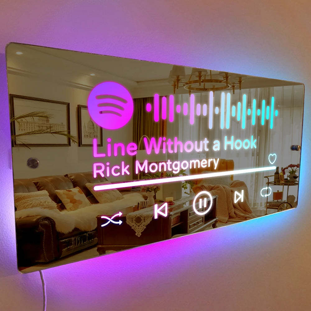 Scannable Spotify Code Mirror Light Name Mirror Sign Custom LED illuminated Light-Up Bedroom Sign Gift for Him - soufeelus