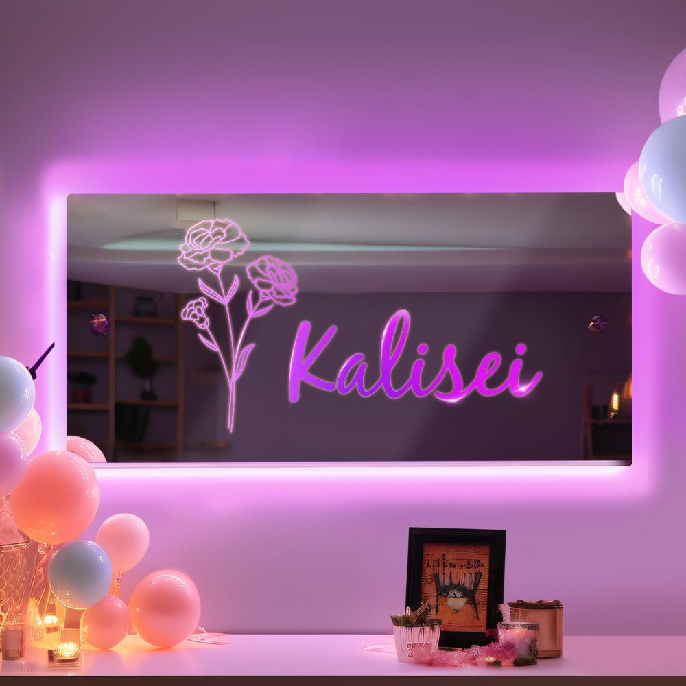 Personalised Name & Select Birthday Flower Month Xmas Birthday Mirror Sign Custom LED illuminated Light-Up Wall Mirrors - soufeelus