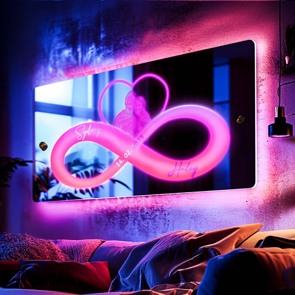Personalized Photo And Date Name Mirror Light Infinity Heart Couple Valentine's Day Gifts Wall Decorations For Lover - soufeelus