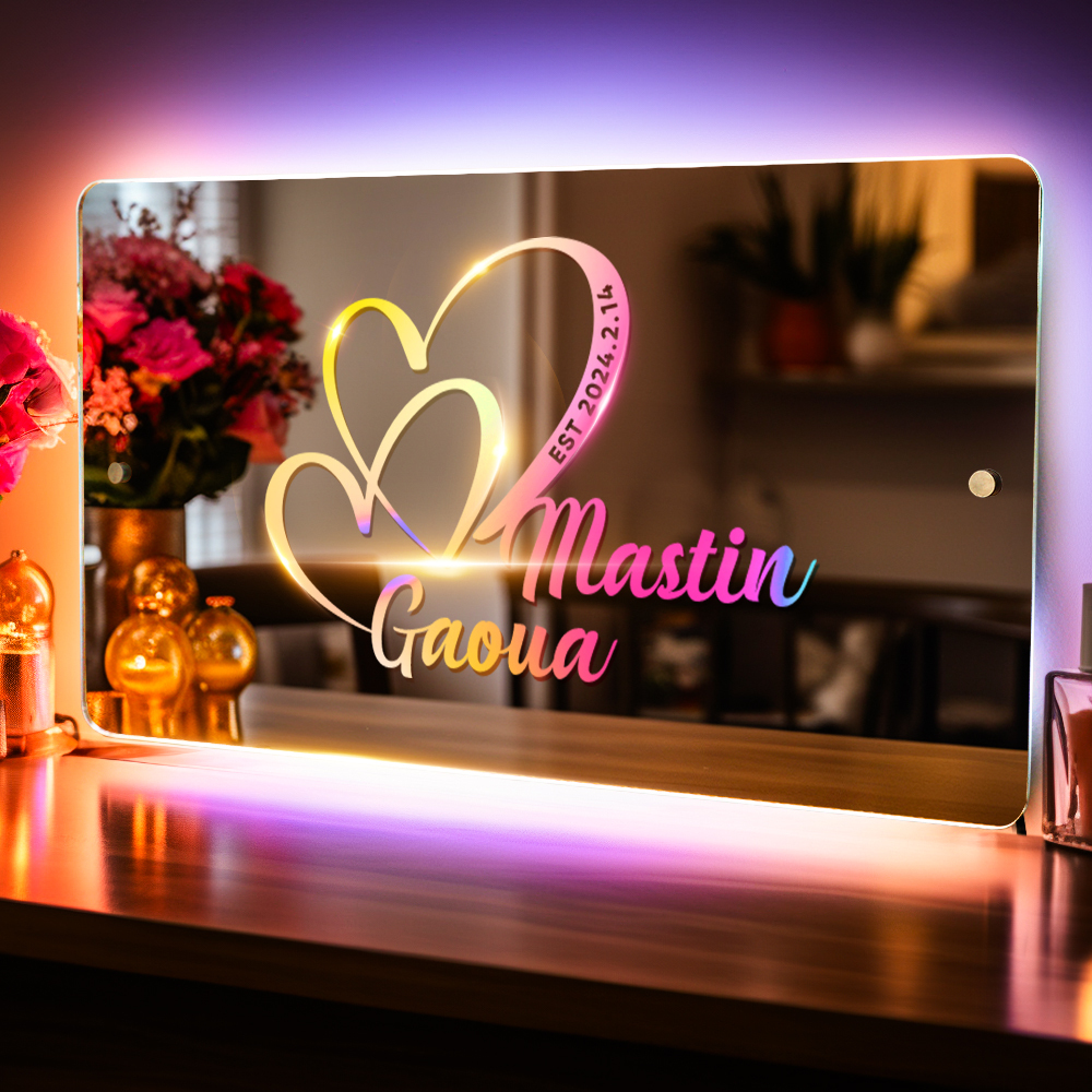 Personalized Name Mirror Sign Custom Text Led Multi Color Light Up, Heart Sign with Names and Date Anniversary Gift For Couple - soufeelus