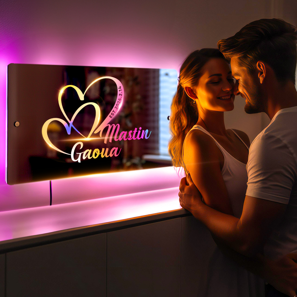 Personalized Name Mirror Sign Custom Text Led Multi Color Light Up, Heart Sign with Names and Date Anniversary Gift For Couple - soufeelus