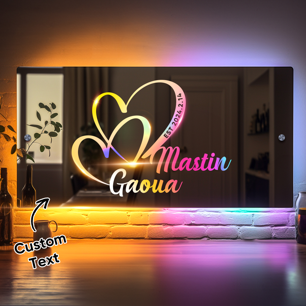 Personalized Name Mirror Sign Custom Text Led Multi Color Light Up, Heart Sign with Names and Date Anniversary Gift For Couple - soufeelus