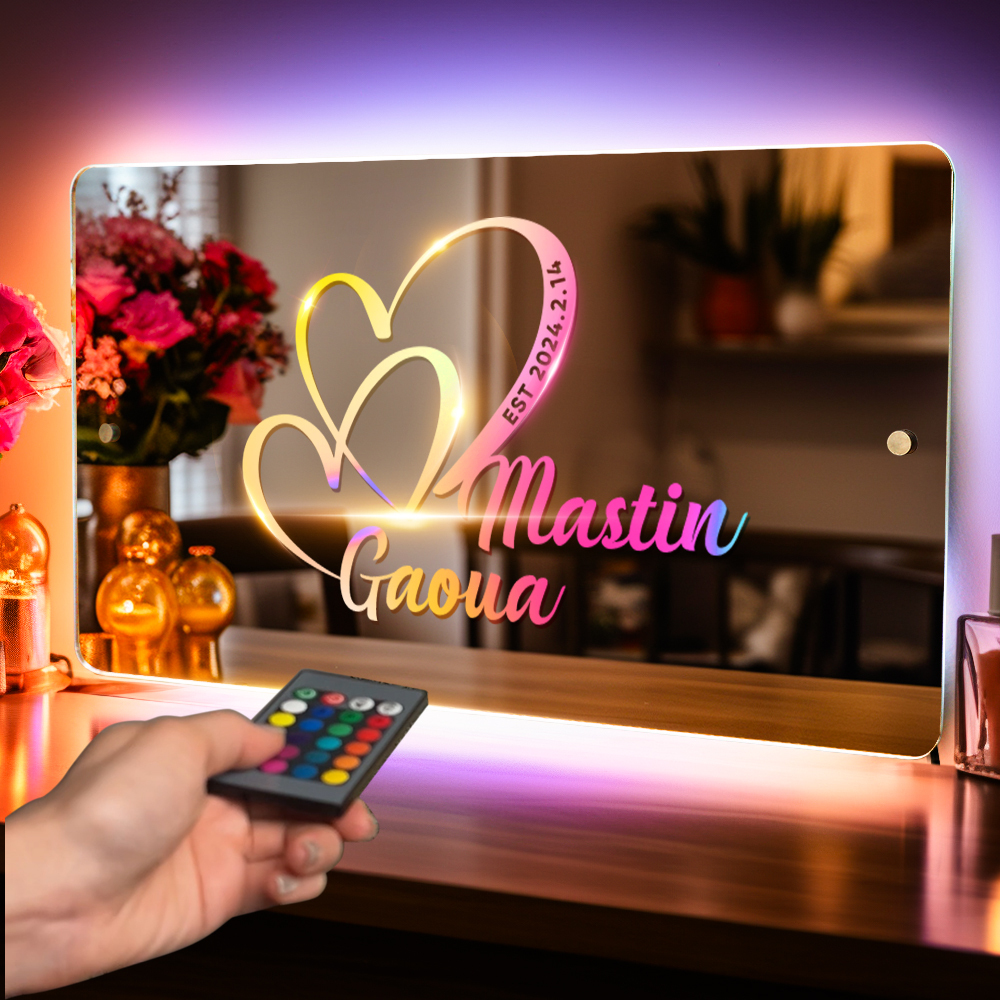 Personalized Name Mirror Sign Custom Text Led Multi Color Light Up, Heart Sign with Names and Date Anniversary Gift For Couple - soufeelus