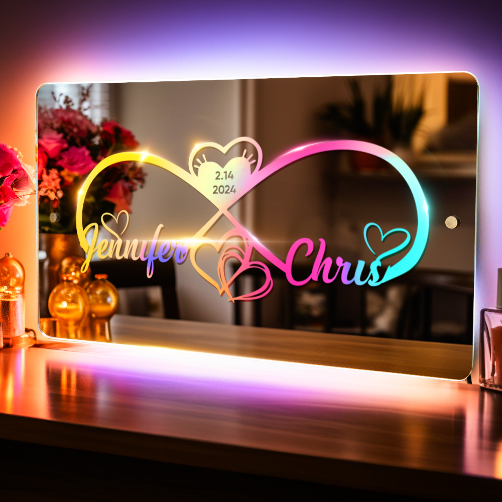 Personalized Engraved Infinity Heart Mirror Light Bedroom Sign Custom Mirror Neon Signs Wall Decor, Custom Name Sign for Bedroom,Valentine's Day Couple Gift - soufeelus