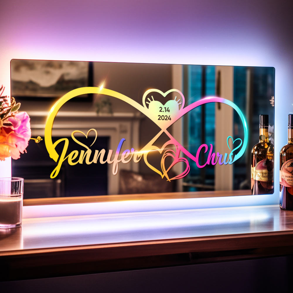Personalized Engraved Infinity Heart Mirror Light Bedroom Sign Custom Mirror Neon Signs Wall Decor, Custom Name Sign for Bedroom,Valentine's Day Couple Gift - soufeelus