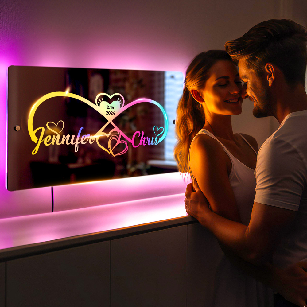 Personalized Engraved Infinity Heart Mirror Light Bedroom Sign Custom Mirror Neon Signs Wall Decor, Custom Name Sign for Bedroom,Valentine's Day Couple Gift - soufeelus