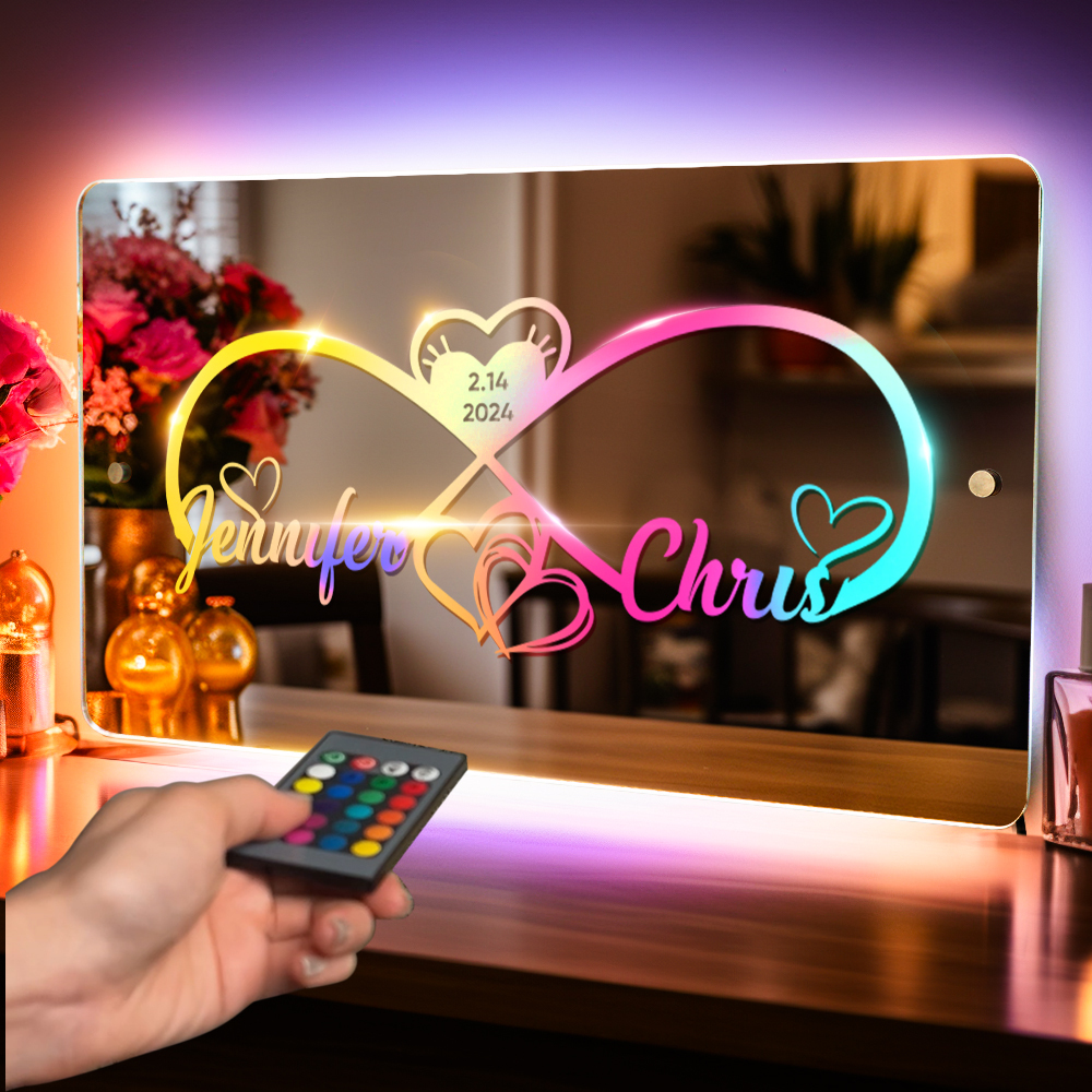 Personalized Engraved Infinity Heart Mirror Light Bedroom Sign Custom Mirror Neon Signs Wall Decor, Custom Name Sign for Bedroom,Valentine's Day Couple Gift - soufeelus