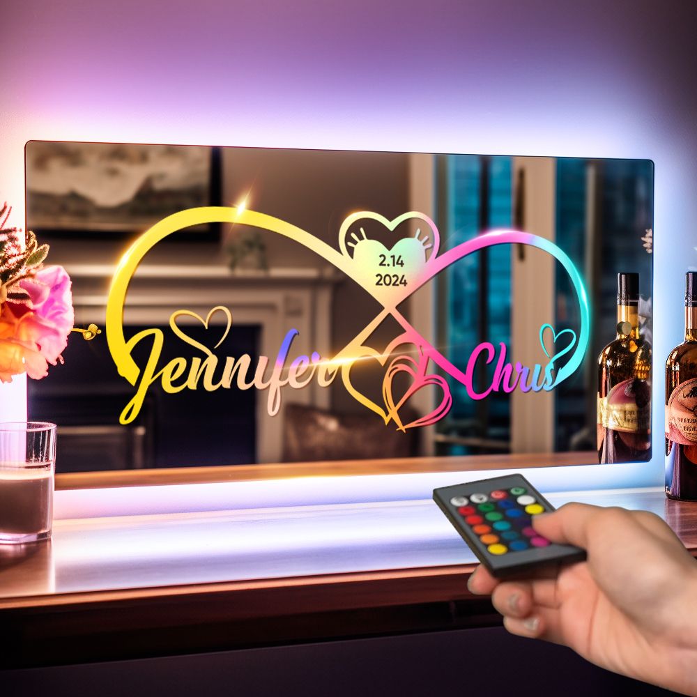 Personalized Engraved Infinity Heart Mirror Light Bedroom Sign Custom Mirror Neon Signs Wall Decor, Custom Name Sign for Bedroom,Valentine's Day Couple Gift - soufeelus