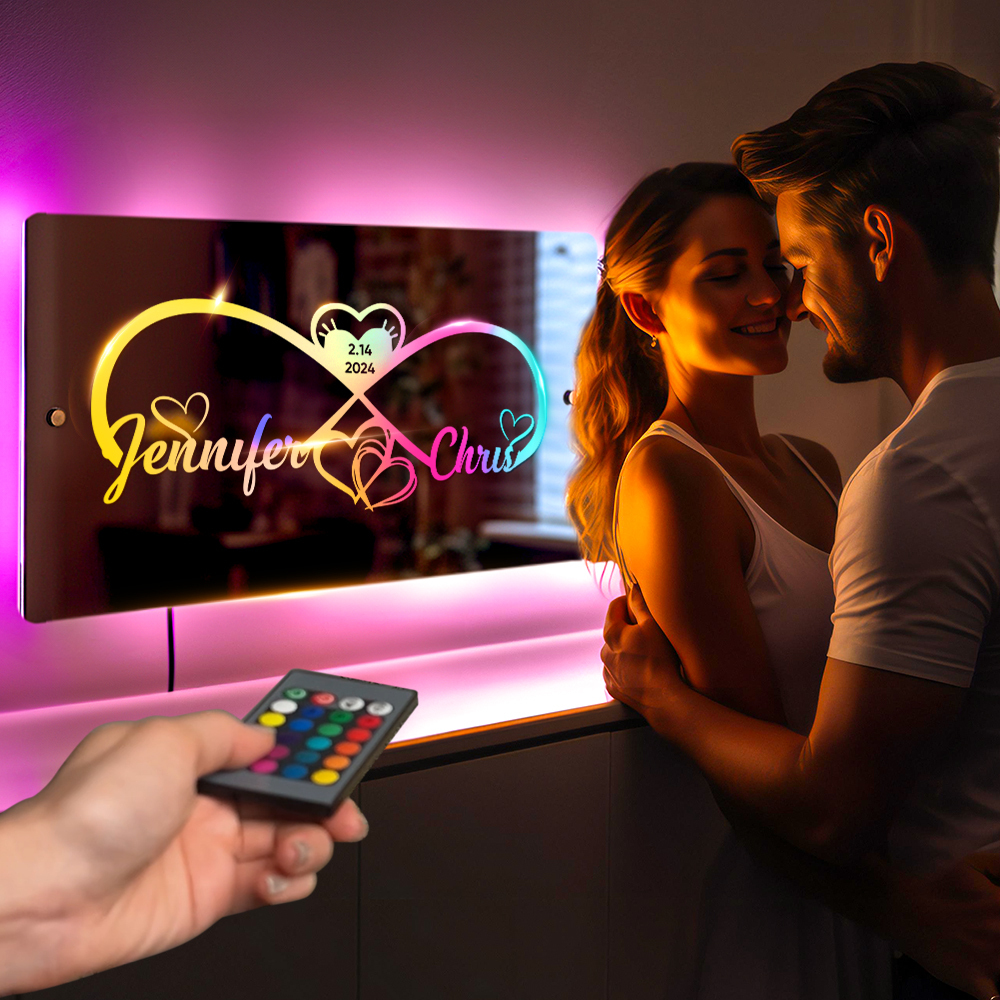 Personalized Engraved Infinity Heart Mirror Light Bedroom Sign Custom Mirror Neon Signs Wall Decor, Custom Name Sign for Bedroom,Valentine's Day Couple Gift - soufeelus