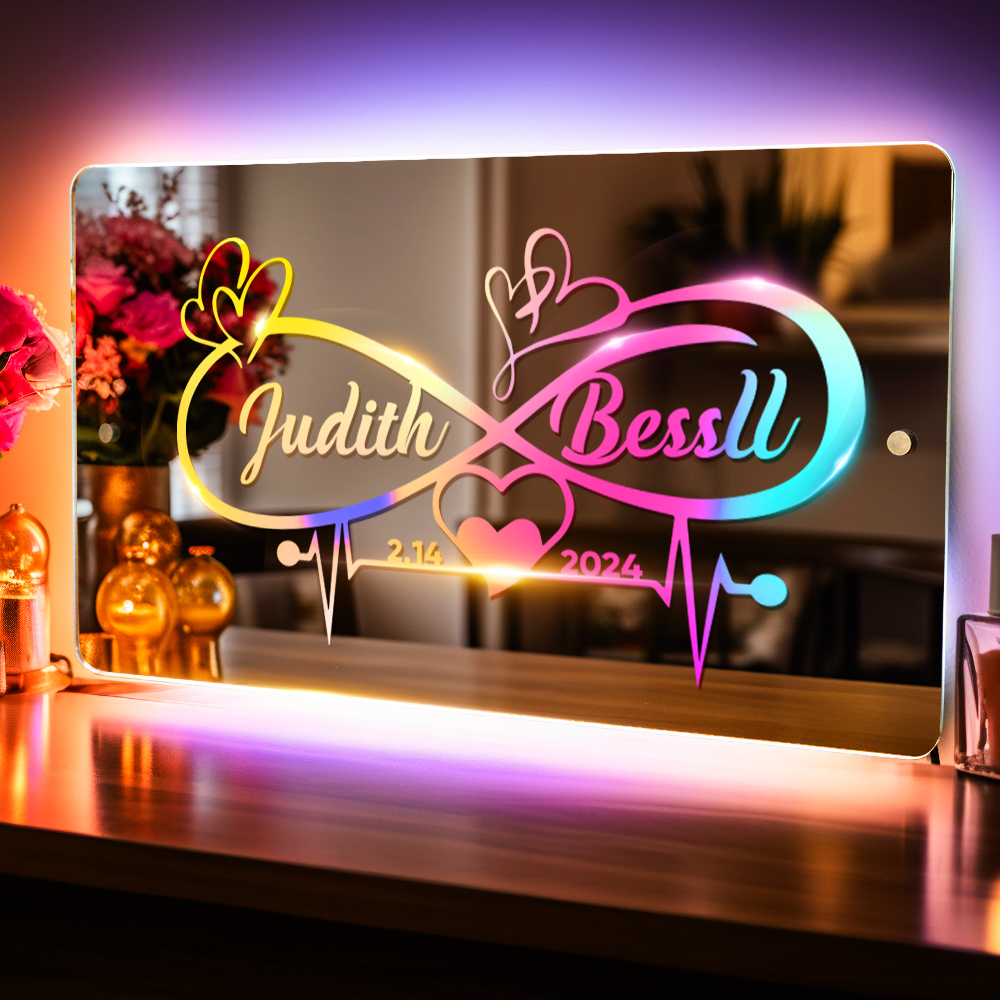 Personalized Name Mirror Light Infinity Heart Couple Gift Custom Mirror Neon Signs Wall Decor, Custom Name Sign for Bedroom Valentine's Day Gift - soufeelus