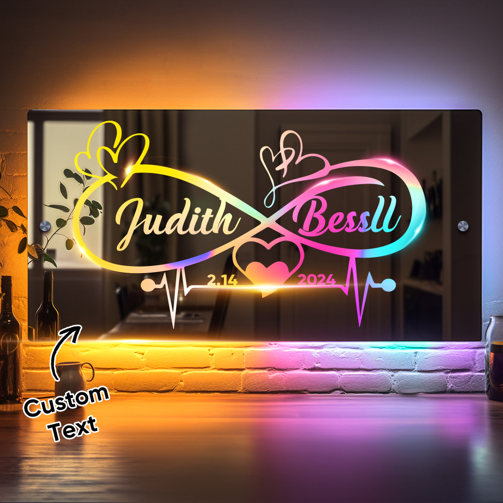 Personalized Name Mirror Light Infinity Heart Couple Gift Custom Mirror Neon Signs Wall Decor, Custom Name Sign for Bedroom Valentine's Day Gift - soufeelus