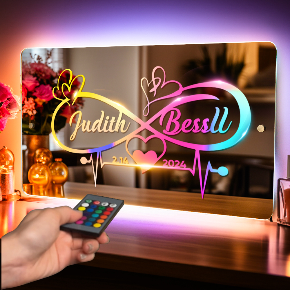 Personalized Name Mirror Light Infinity Heart Couple Gift Custom Mirror Neon Signs Wall Decor, Custom Name Sign for Bedroom Valentine's Day Gift - soufeelus