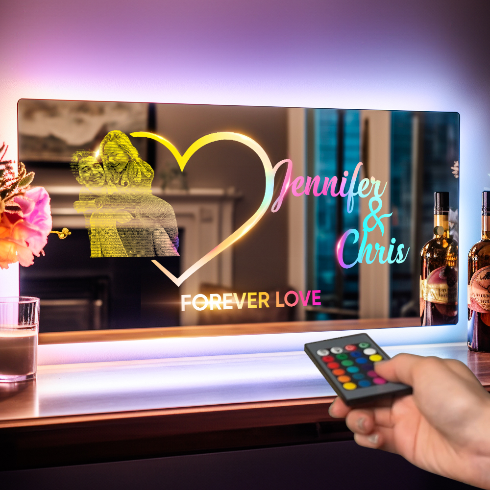 Personalized Photo Name Mirror Light Heart Couple Gift Custom Mirror Neon Signs Wall Decor Custom Name Sign for Bedroom Valentine's Day Gift - soufeelus
