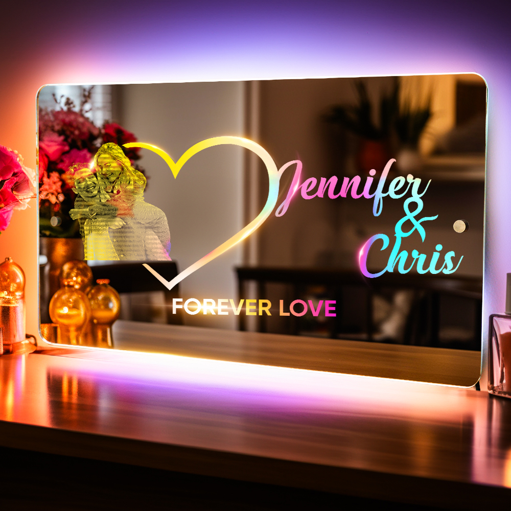 Personalized Photo Name Mirror Light Heart Couple Gift Custom Mirror Neon Signs Wall Decor Custom Name Sign for Bedroom Valentine's Day Gift - soufeelus