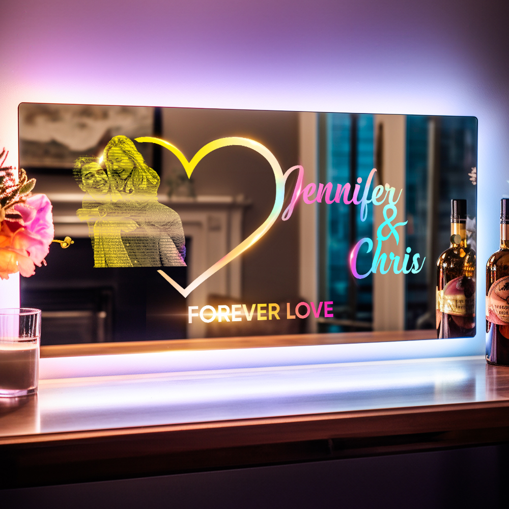 Personalized Photo Name Mirror Light Heart Couple Gift Custom Mirror Neon Signs Wall Decor Custom Name Sign for Bedroom Valentine's Day Gift - soufeelus