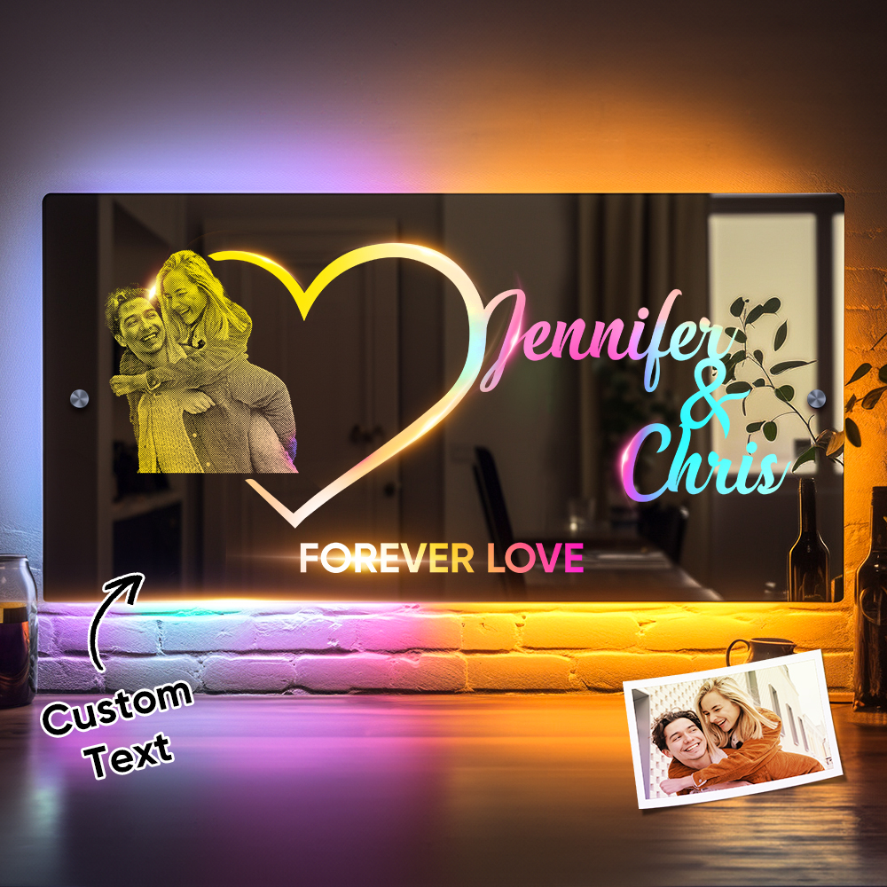 Personalized Photo Name Mirror Light Heart Couple Gift Custom Mirror Neon Signs Wall Decor Custom Name Sign for Bedroom Valentine's Day Gift - soufeelus