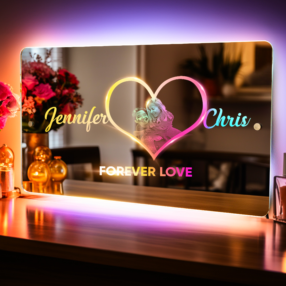 Personalized Photo Name Mirror Light Heart Custom Mirror Neon Signs Wall Decor Colorful Bedroom Lamp Gift for Couple Valentine's Day Gift - soufeelus