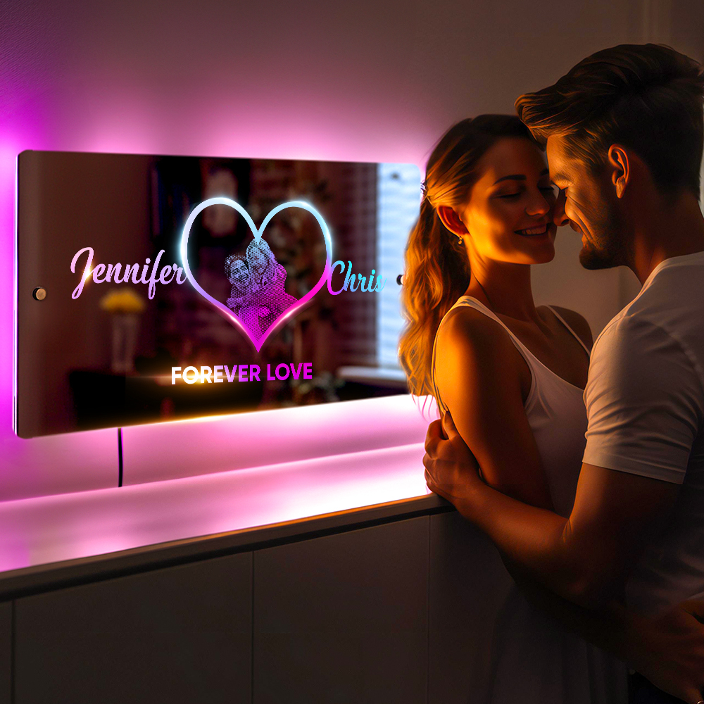 Personalized Photo Name Mirror Light Heart Custom Mirror Neon Signs Wall Decor Colorful Bedroom Lamp Gift for Couple Valentine's Day Gift - soufeelus