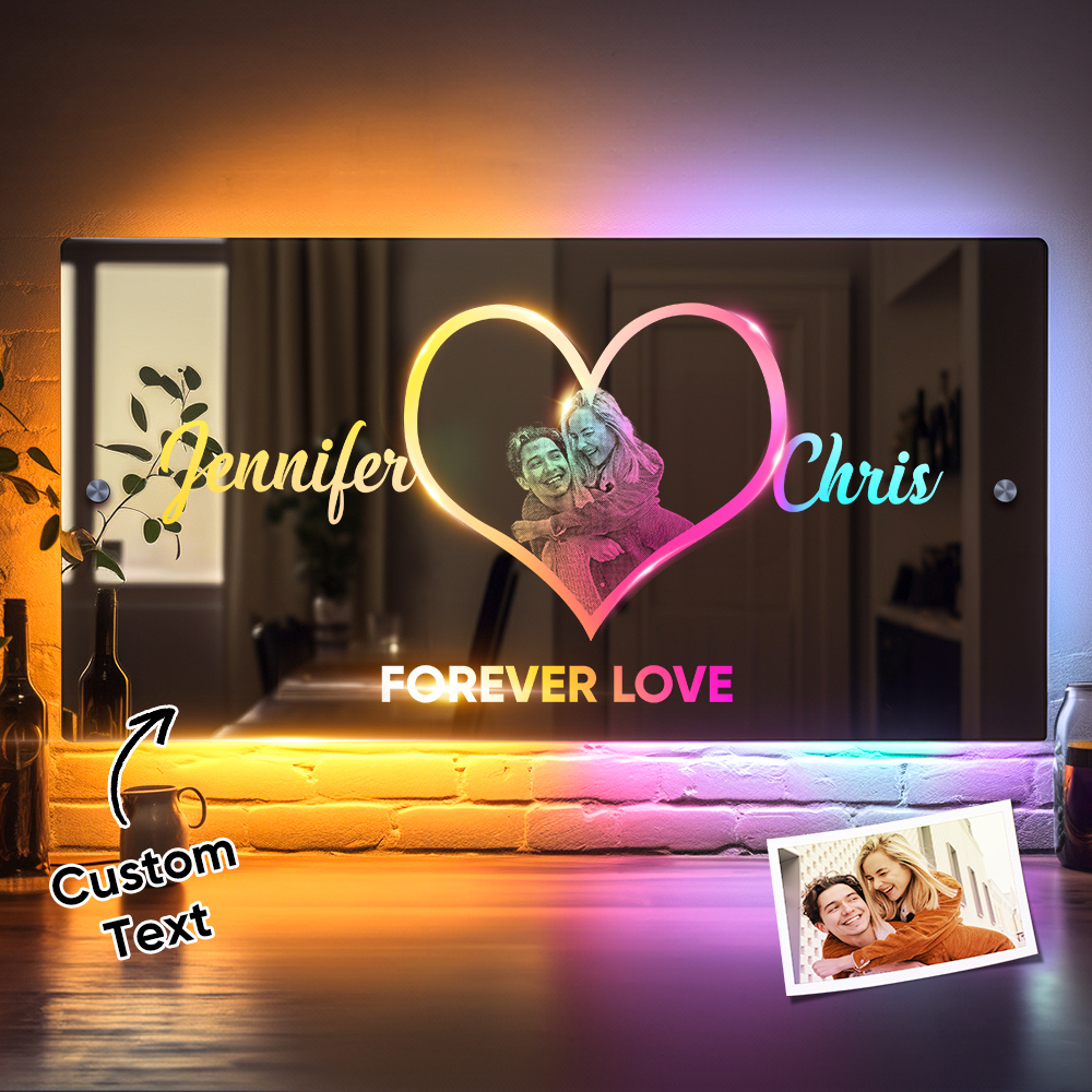 Personalized Photo Name Mirror Light Heart Custom Mirror Neon Signs Wall Decor Colorful Bedroom Lamp Gift for Couple Valentine's Day Gift - soufeelus