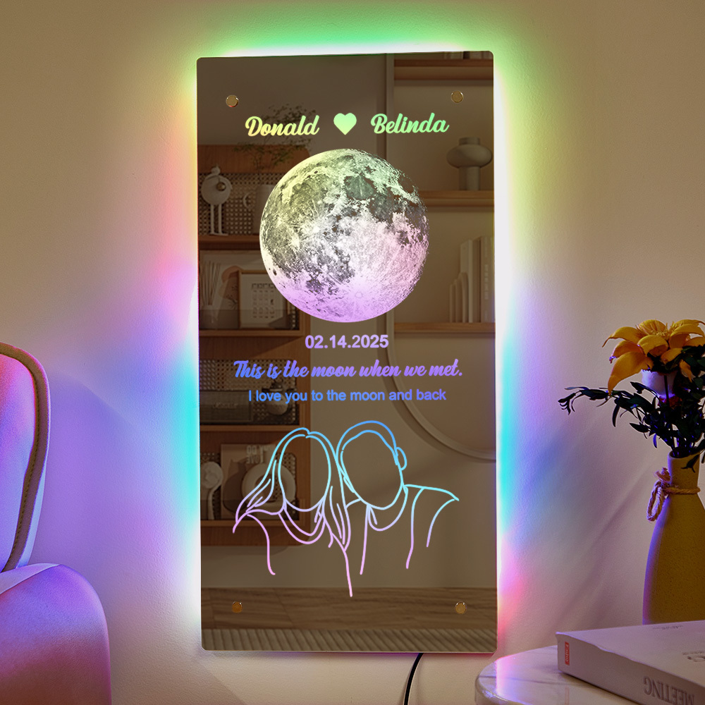 Custom Valentine's Day Silhouette Photo Anniversary Moon Phase Mirror Light