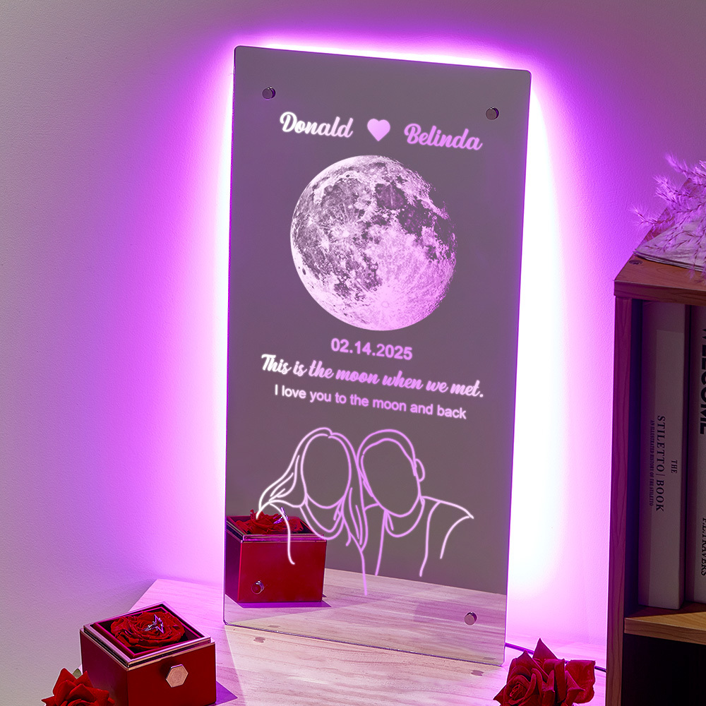 Custom Valentine's Day Silhouette Photo Anniversary Moon Phase Mirror Light