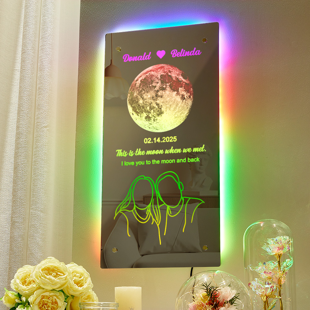 Custom Valentine's Day Silhouette Photo Anniversary Moon Phase Mirror Light
