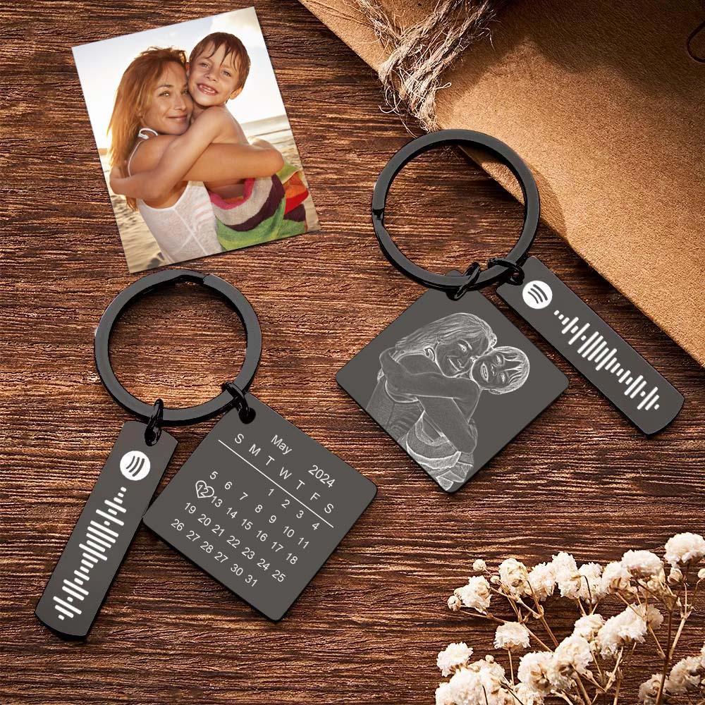 Personalized Calendar Keychain Special Day Significant Photo Heart Square Shape Music Code Metal Keychain Gift for Mother - soufeelus