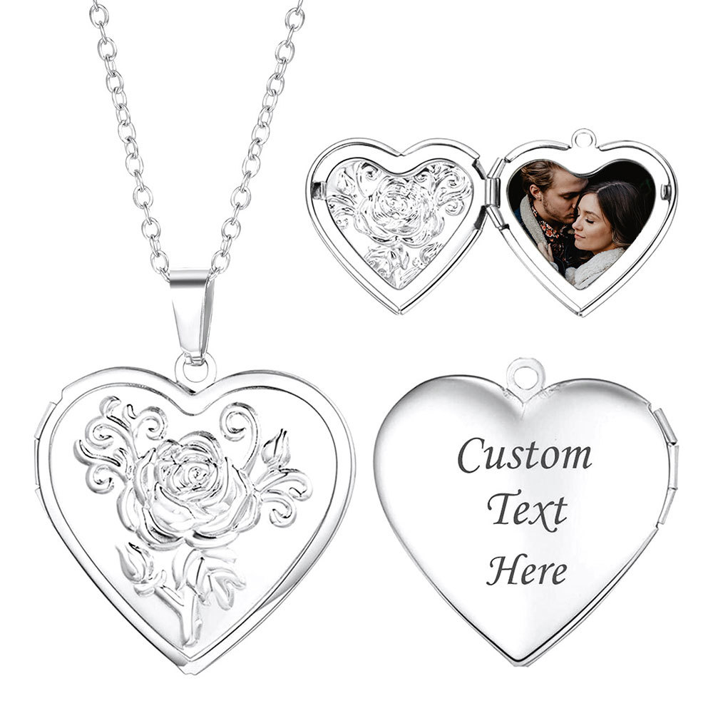 Custom Photo Necklace Personalized Openable Heart Locket Necklace with Rose Design Gift for Her detail