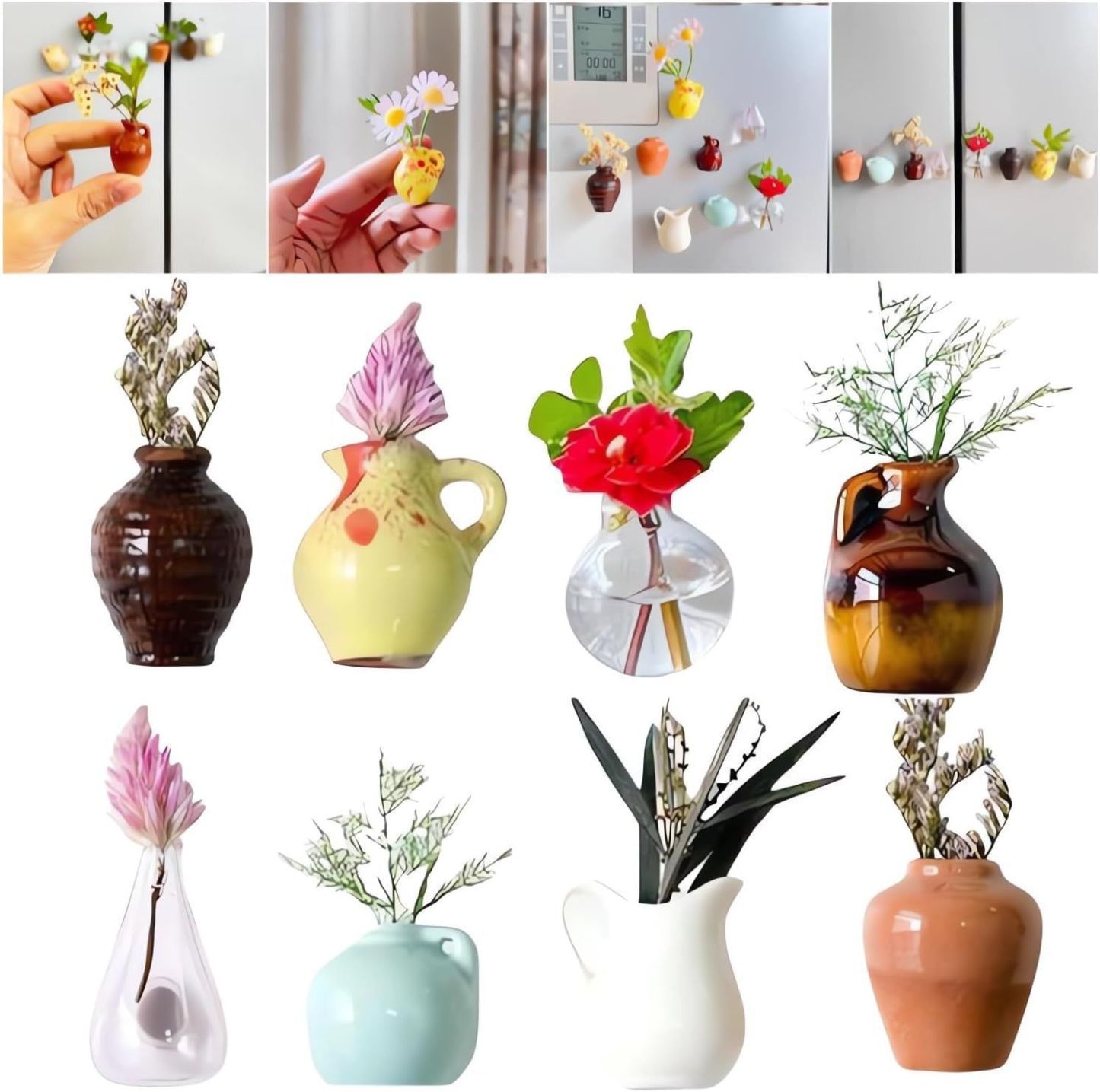 Mini Ceramics Vase Fridge Magnets Label Bonsai Magnet Button Potted Simulation Flower Vase Refrigerator Message 8pcs Set