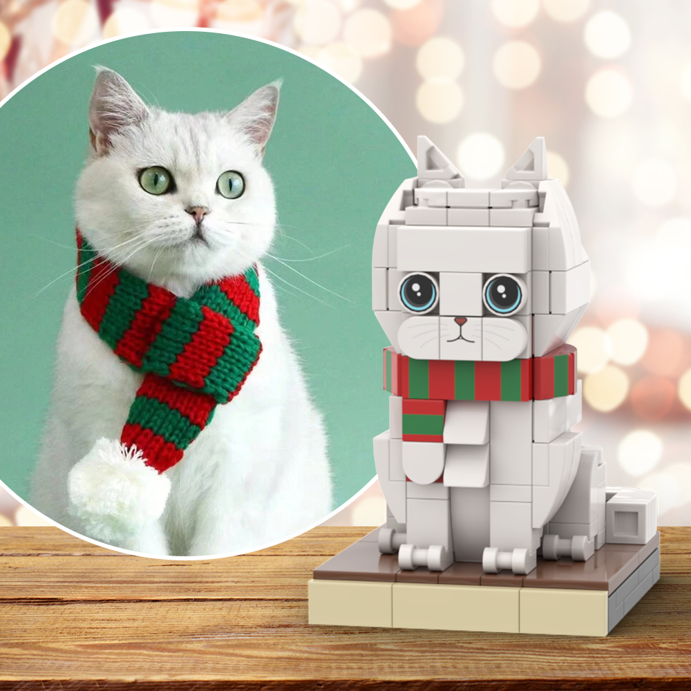 Christmas Cat With Scarf Fully Body Customizable 1 Cat Personalized X-Mas Cat Photo CustomBrick Figures Small Particle Block Customized Cat Only - soufeelus