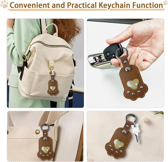 Dog Cat Paw Shaped Keychain Pet Memorial Gift Keyring Full Grain Leather Handmade Key Holder with Photo Frame