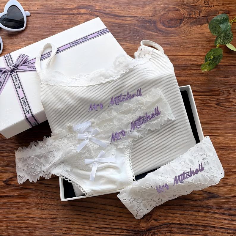 Personalized Bride Lingerie Set Bridal Shower Gift Box Pajamas set with Embroidere Custom Underwear Set detail