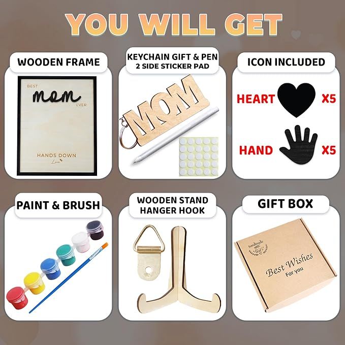 Hands Down Best Mom Ever DIY Handprint Kit with Non-Toxic Paints Art Craft Family Keepsake Wood Frame Mother's Day Gift Family Memories Sign with Kids Names