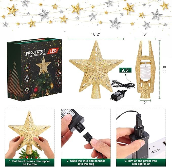Christmas Tree Topper Star Lighted With 6 Projection Modes Christmas Star Tree Topper With Led Rotating Lights Gold Tree Topper 3d Glitter Dynamic Projection For Xmas Party Holiday Decorations