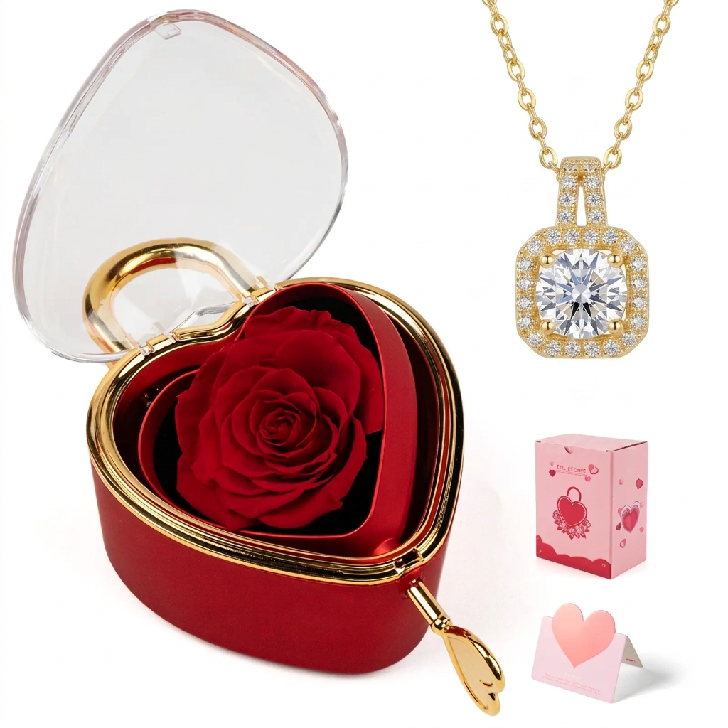 Real Rose Jewelry Box with Heart-Shaped Pendant Necklace Included, Romantic Gift for Mom, Grandma, Wife, Girlfriend, Daughter Mother's Day Gift