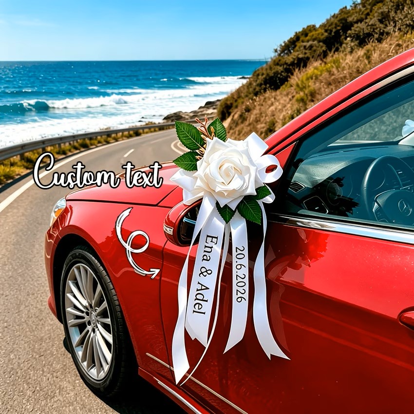 Personalized Wedding Car Ribbon Bow – Custom Satin Floral Decoration for Door Handles & Mirrors