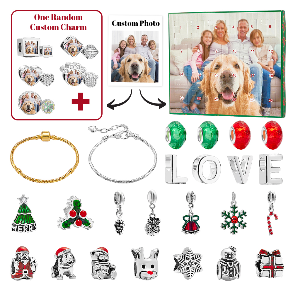 Personalized Photo Jewelry Advent Calendar Photo Charm Christmas Surprise Blind Box Bracelet 24 Calendar Countdown Gift Box Bracelet For Pet