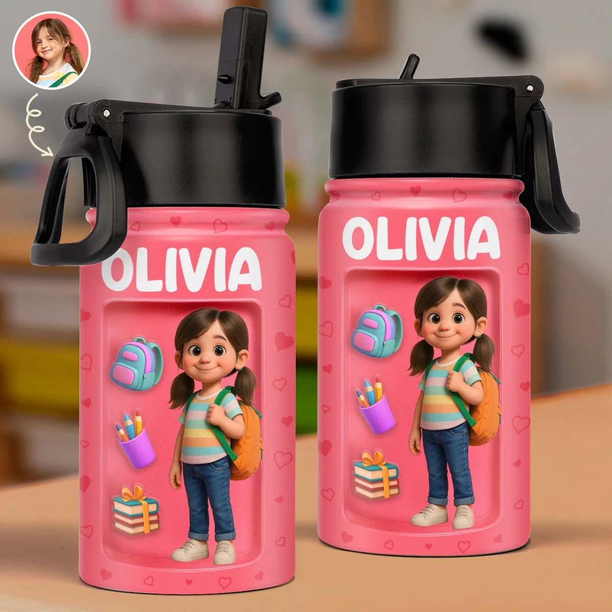 Custom Photo 3D Inflated Effect Printed Kids Water Bottle - Personaliz