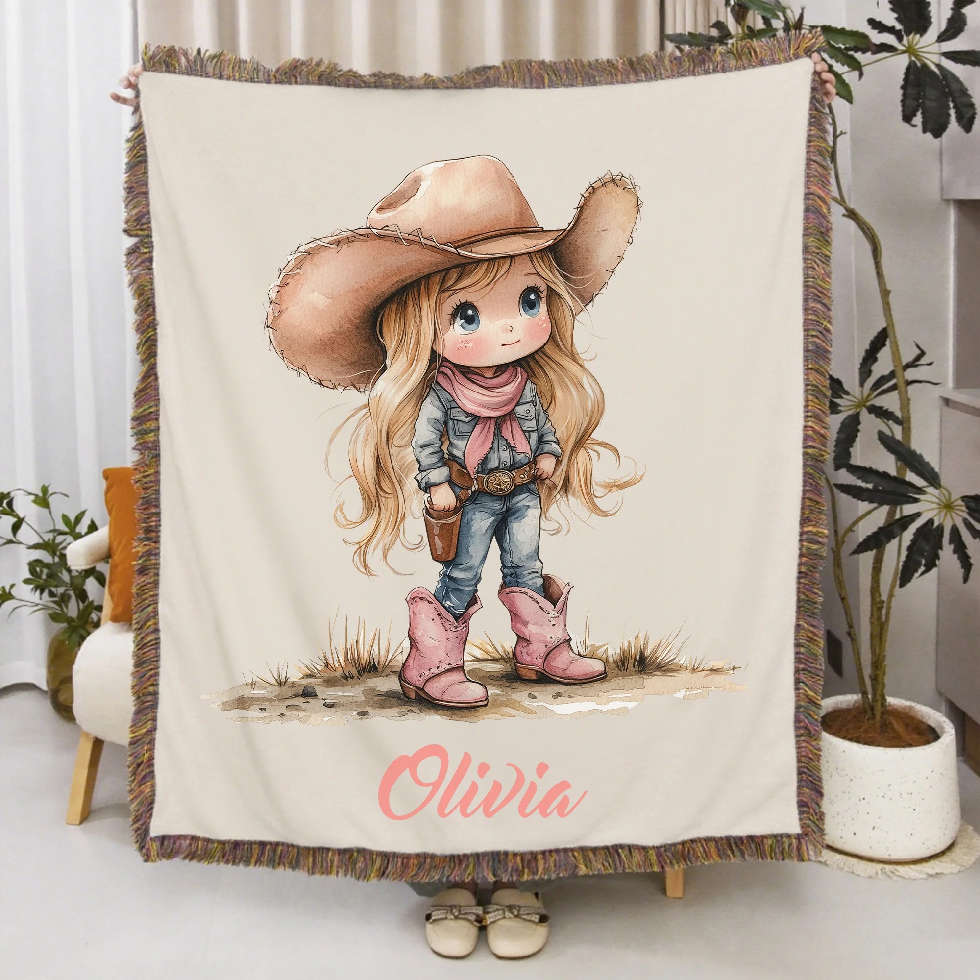 Personalized Cute Cartoon Cowboy Cowgirl Tassel Soft Flannel Blanket with Name, Home Decoration, Birthday Gift for Kids/Cowboy Lovers
