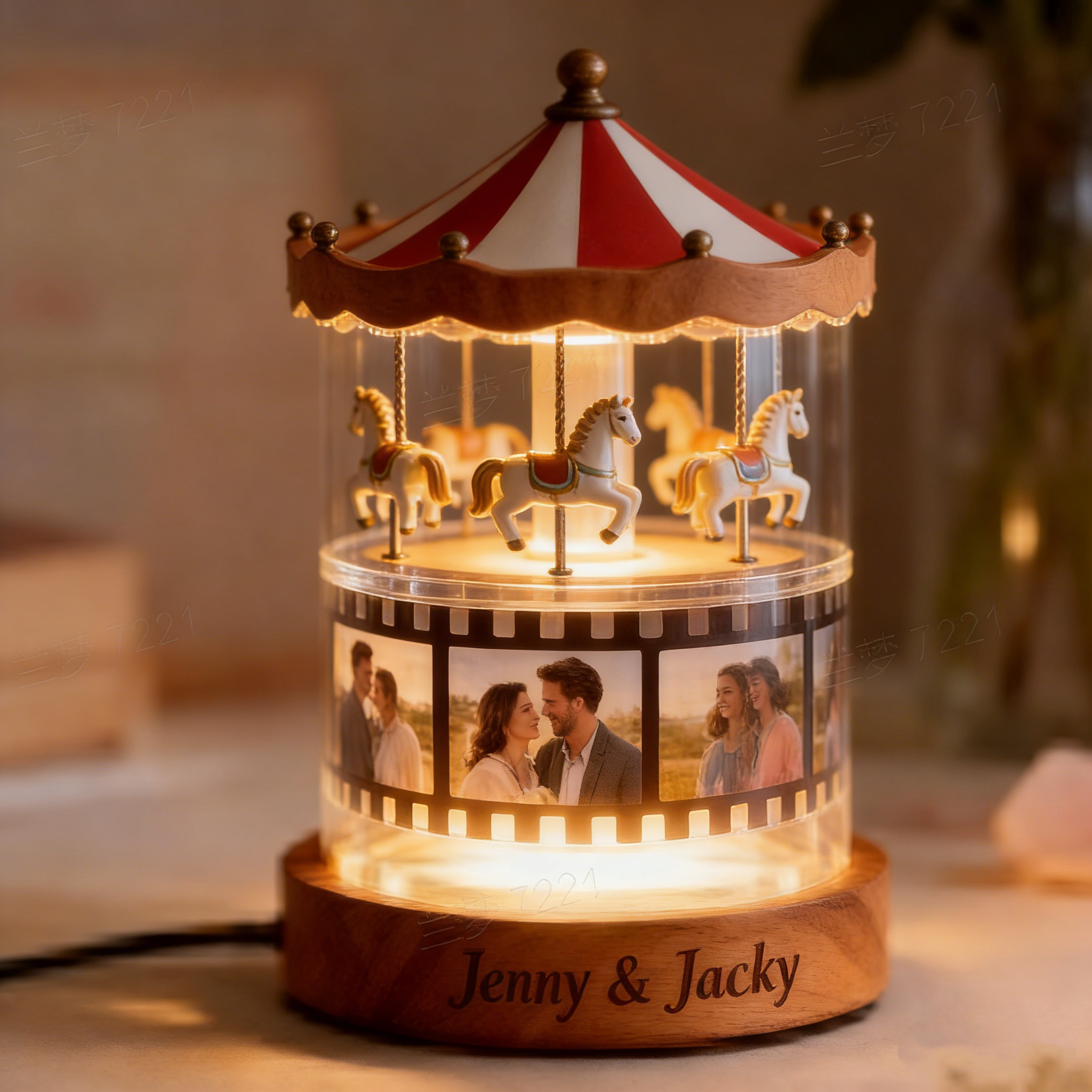 Custom Carousel Photo Film Night Light with Text Personalized Music Film Night Light with Engraving Text Best Valentine's Day Gift for Couple