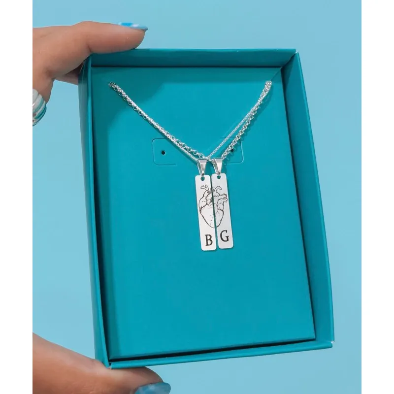 Personalized couple necklace kit with realistic heart plaque + initial plated in 925 silver