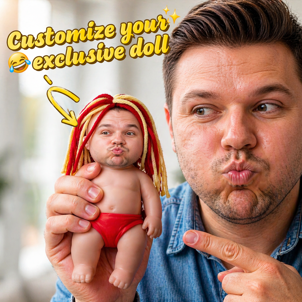 Custom Squishy Stress Relief Doll with DIY Yarn Hair Personalized Face Squeeze Toy, Soft TPR Sand Filled Fidget, Funny Anxiety Relief Gift