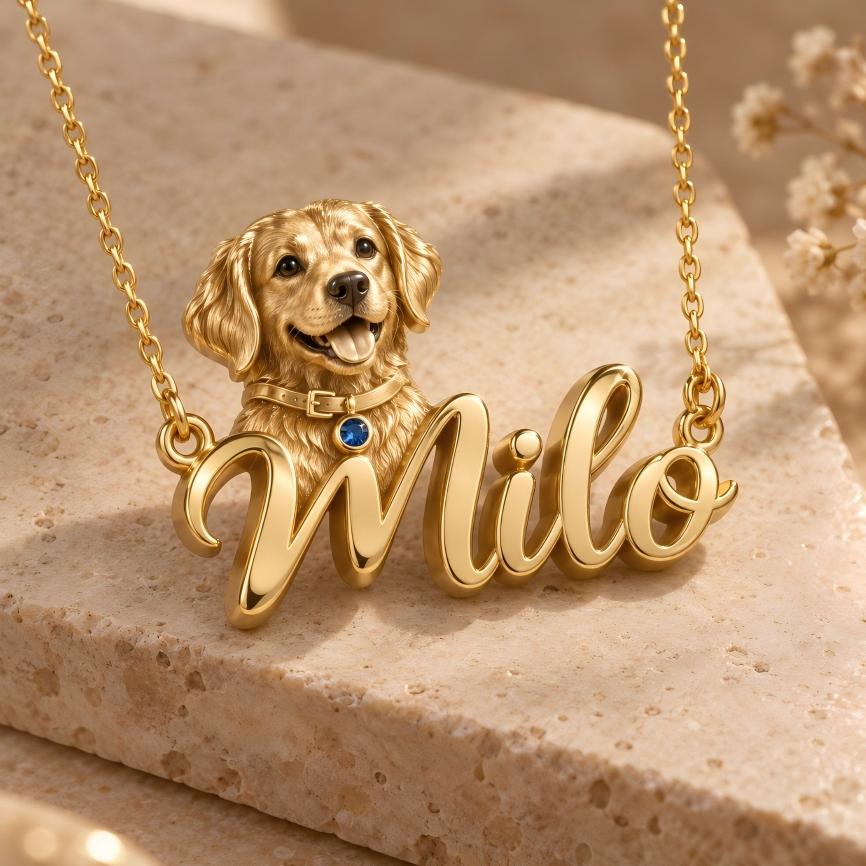Personalized Pet Name Necklace Custom 3D Pet Photo Necklace in Sculptural 925 Sterling Silver with Blue Gemstone Accent Sentimental Jewelry Gift for Pet Lovers