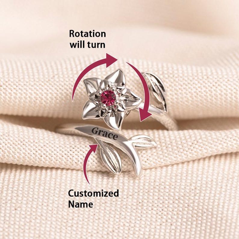 Personalized Birth Flower Fidget Spinner Ring: Anxiety Jewelry, Valentine's Day Gift, Mother's Day Gifts