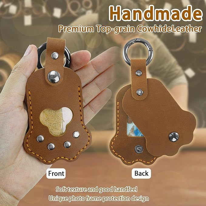 Dog Cat Paw Shaped Keychain Pet Memorial Gift Keyring Full Grain Leather Handmade Key Holder with Photo Frame