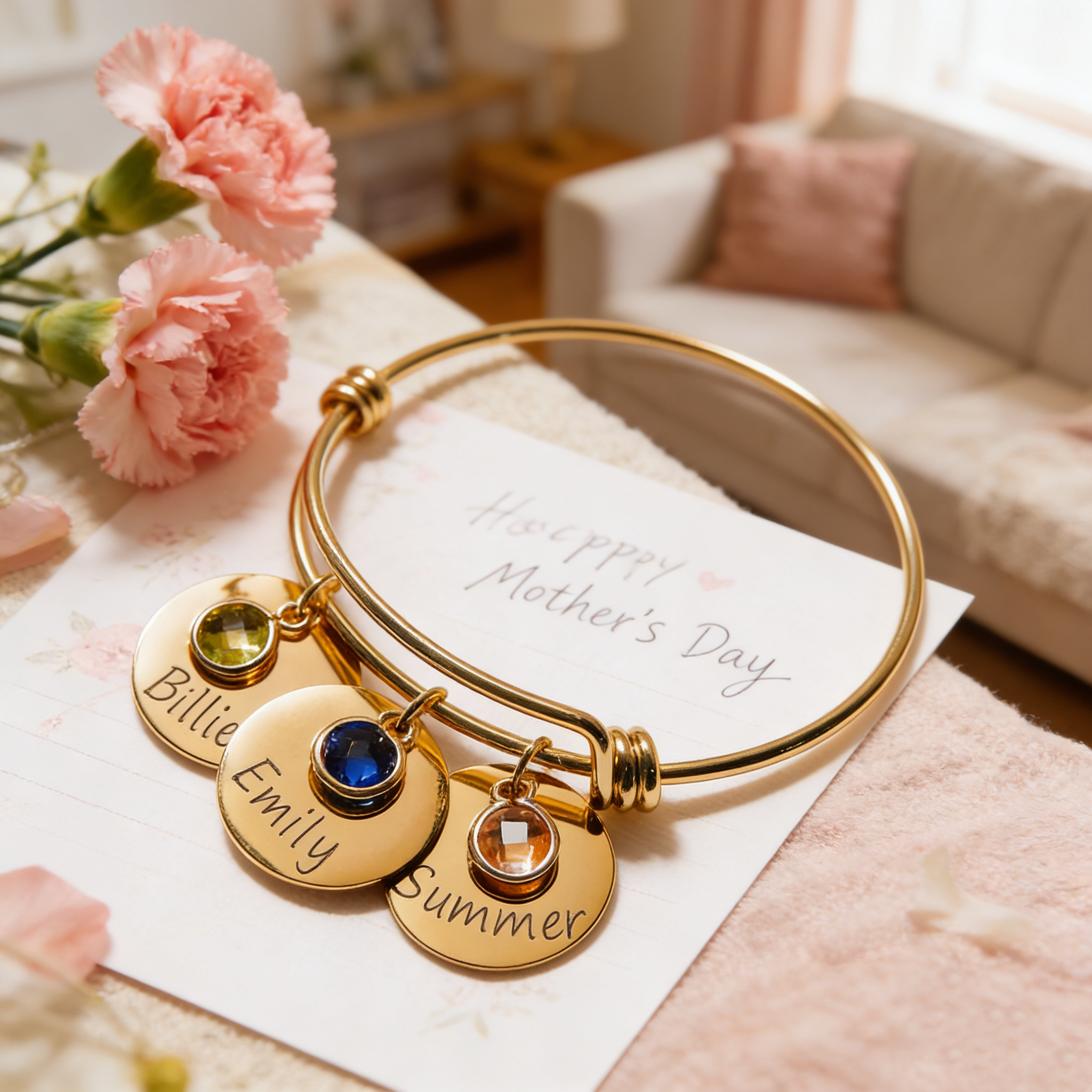 Personalized Birthstone Bracelet, Custom Engraved Name Jewelry, Mother's Day Gift