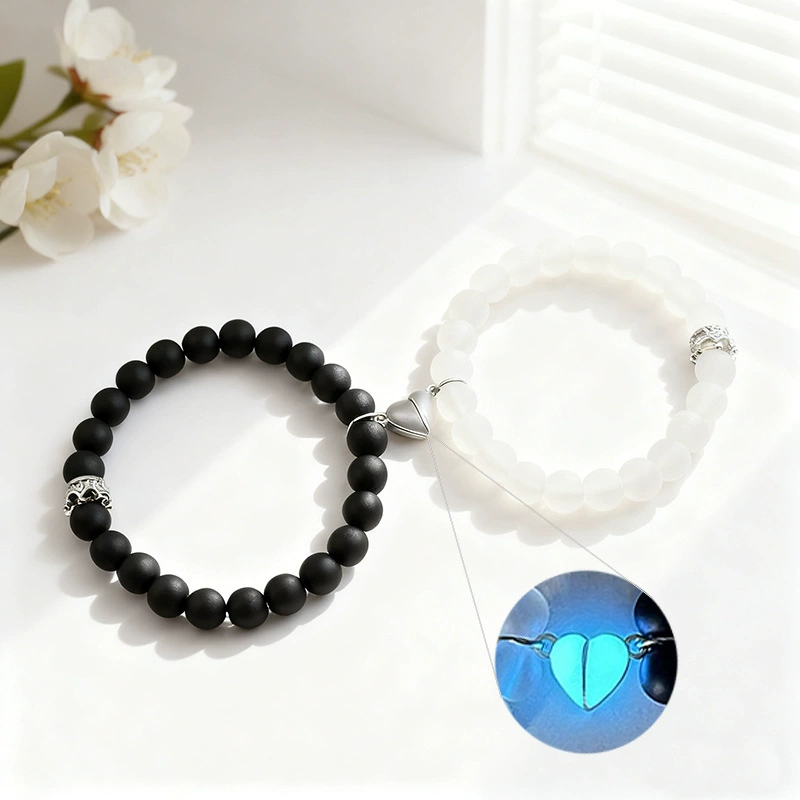 Luminous Magnetic Couple Bracelets Set - Frosted Glass Bead Jewelry with Glowing Heart Charm - Romantic Gift for Him and Her