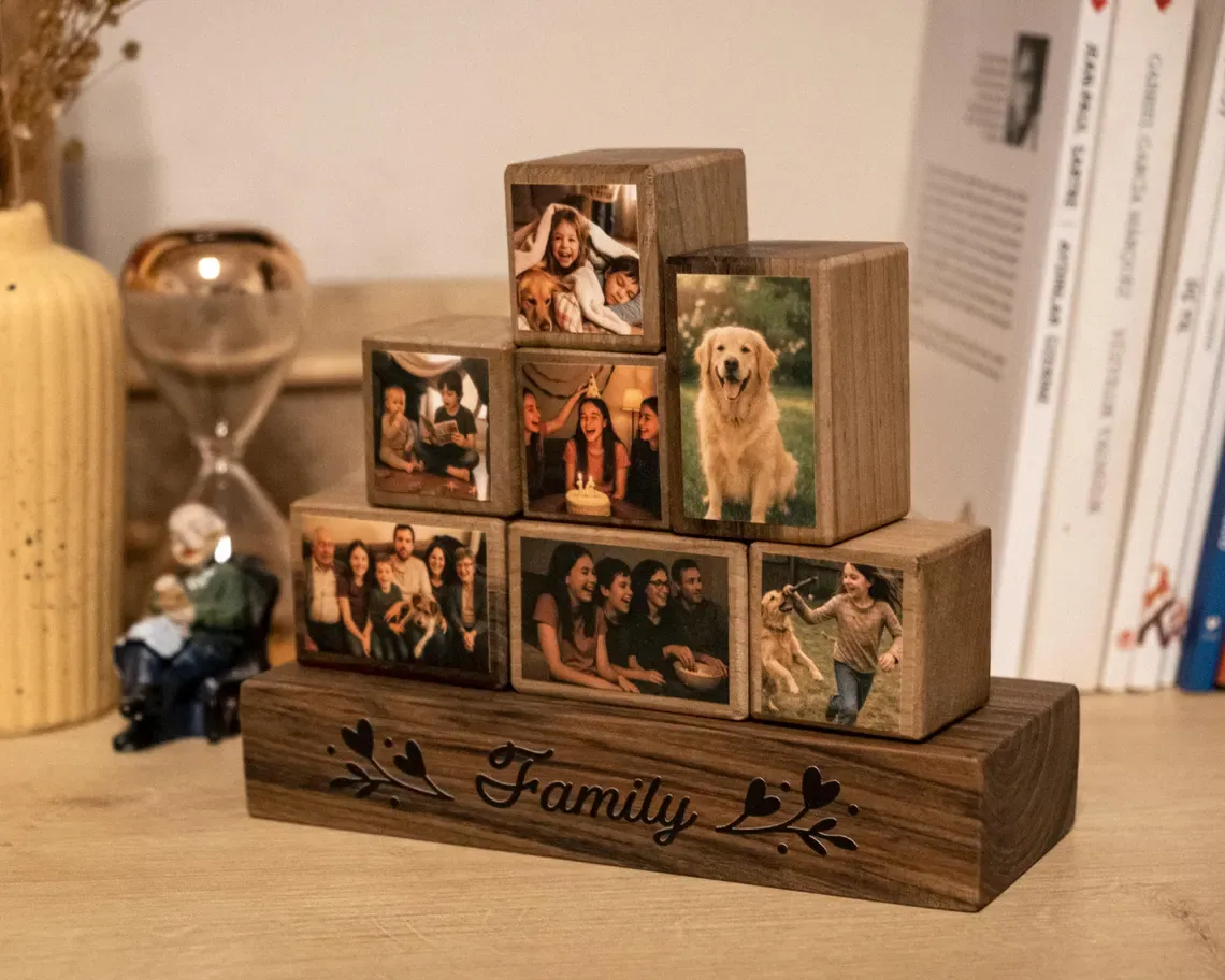 Custom Wooden Photo Blocks Collage – Stackable Wood Photo Block Set, Family & Wedding Display, Personalized Picture Blocks Gift