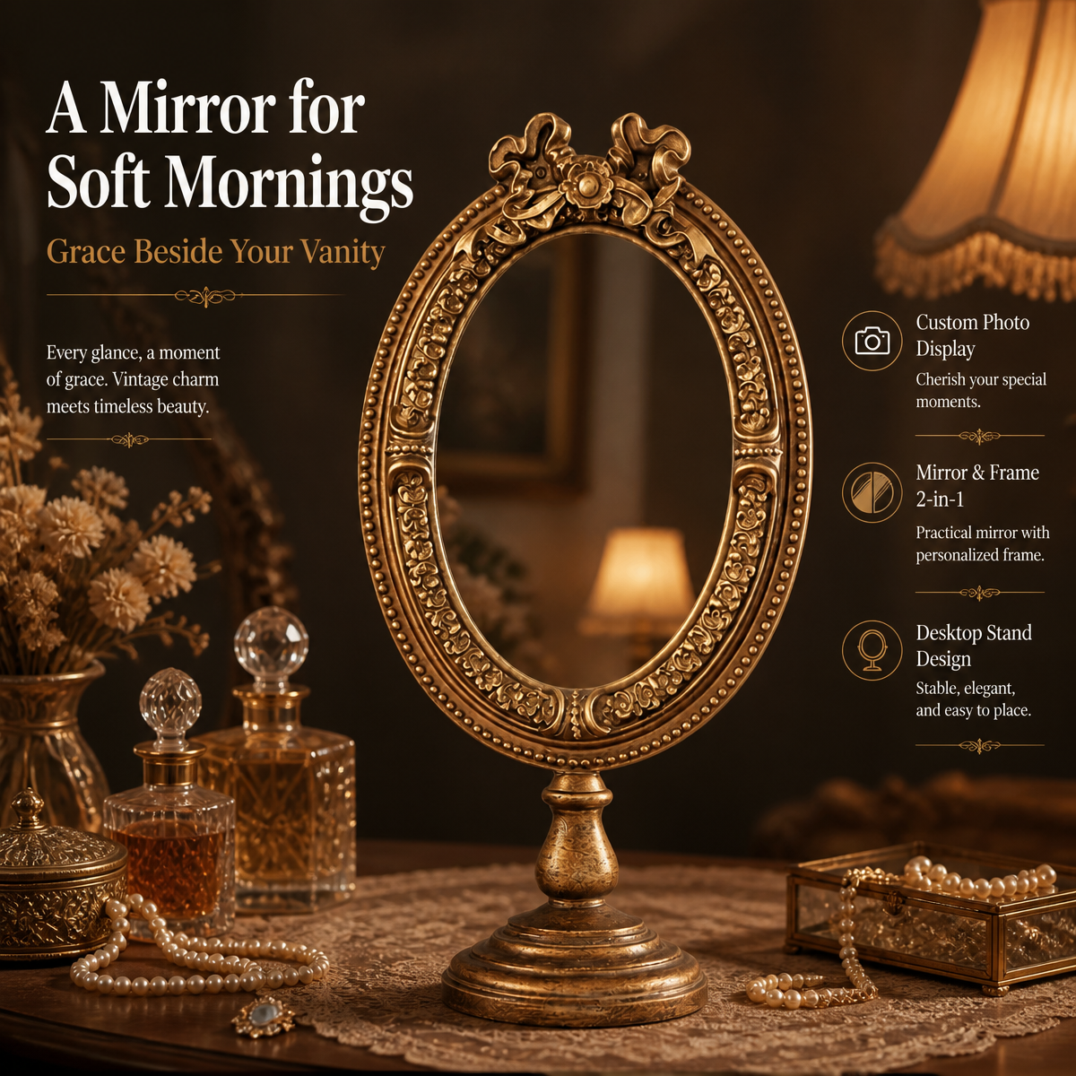 Personalized Vintage Oval Mirror Frame – Custom Photo Tabletop Mirror & Antique Style Picture Frame Gift detail